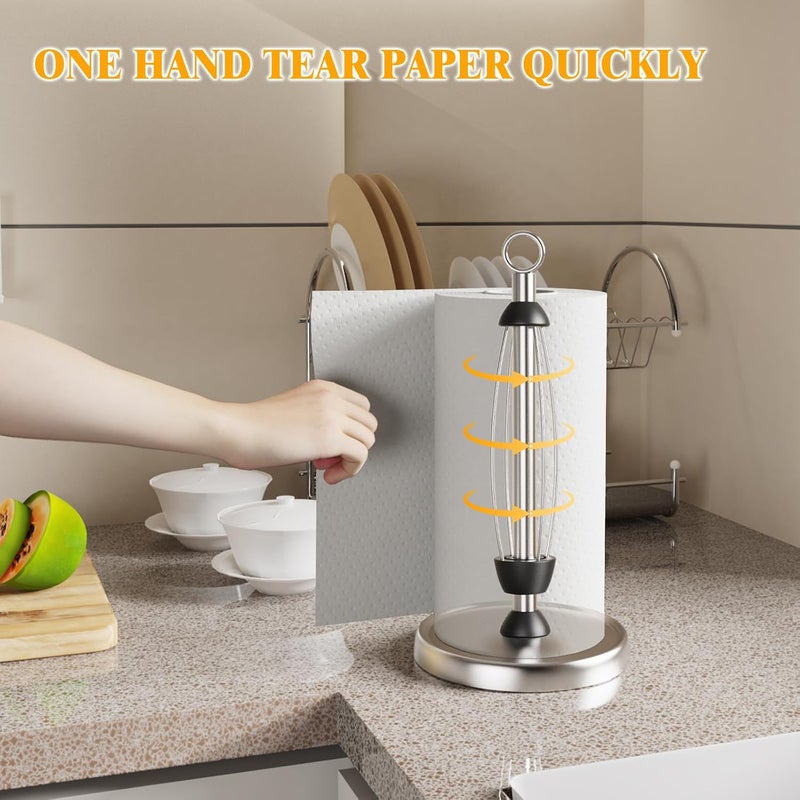 HZE Paper Towel Holder Countertop, One-Handed Tear, Stainless Steel, Weighted Base, Silver, Ring Paper Towel Holder Stand with Ratchet System for Kitchen Farmhouse Essentials Decor Accessories - Image 2